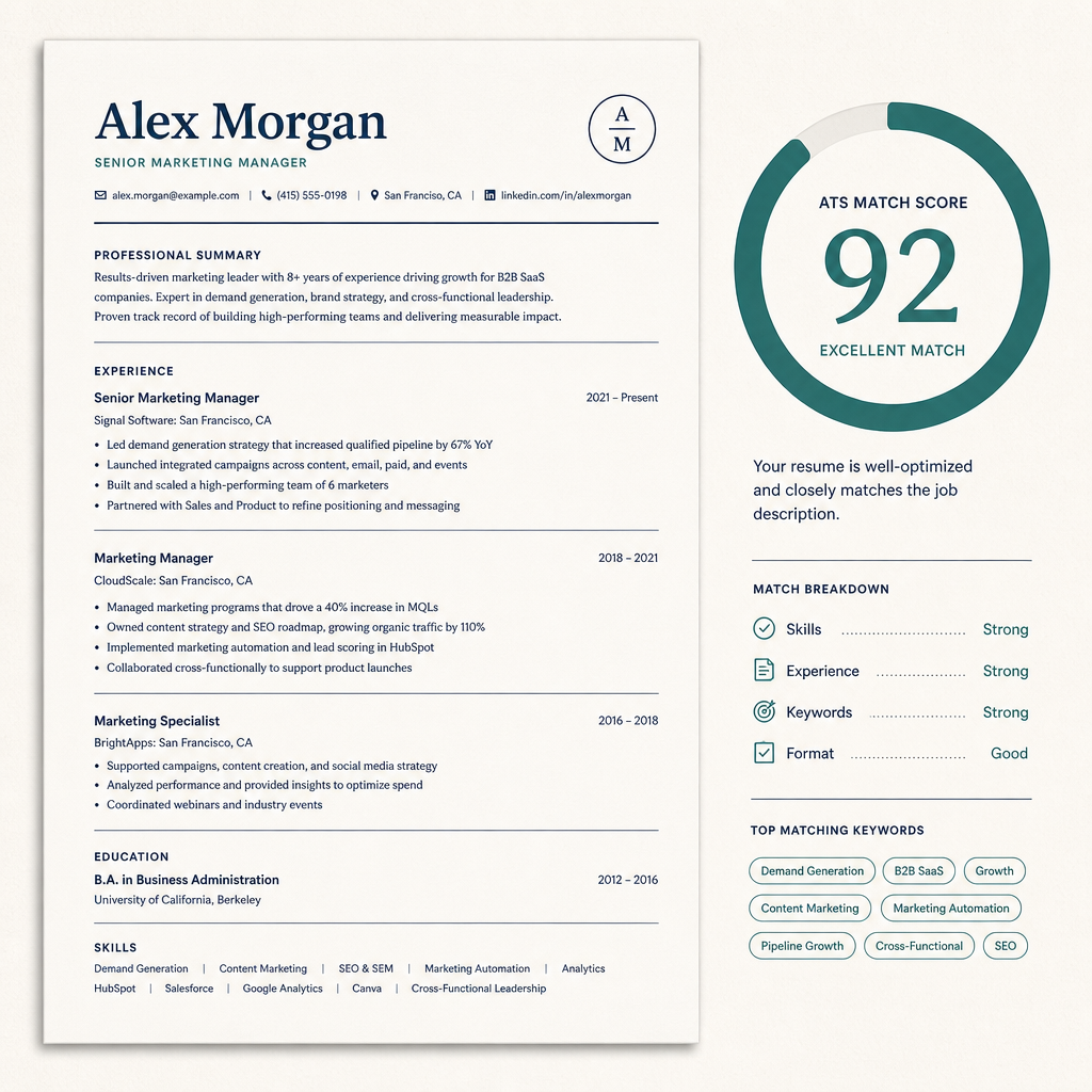 Resume beside a teal ATS match score ring showing 89